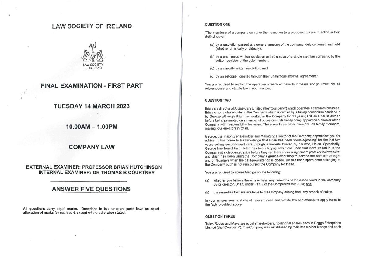 2024 Company Law Final Exam Study Guide - Studocu