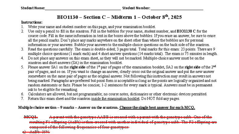 BIO1130 2025 Midterm 1 Exam Instructions and Guidelines - Studocu
