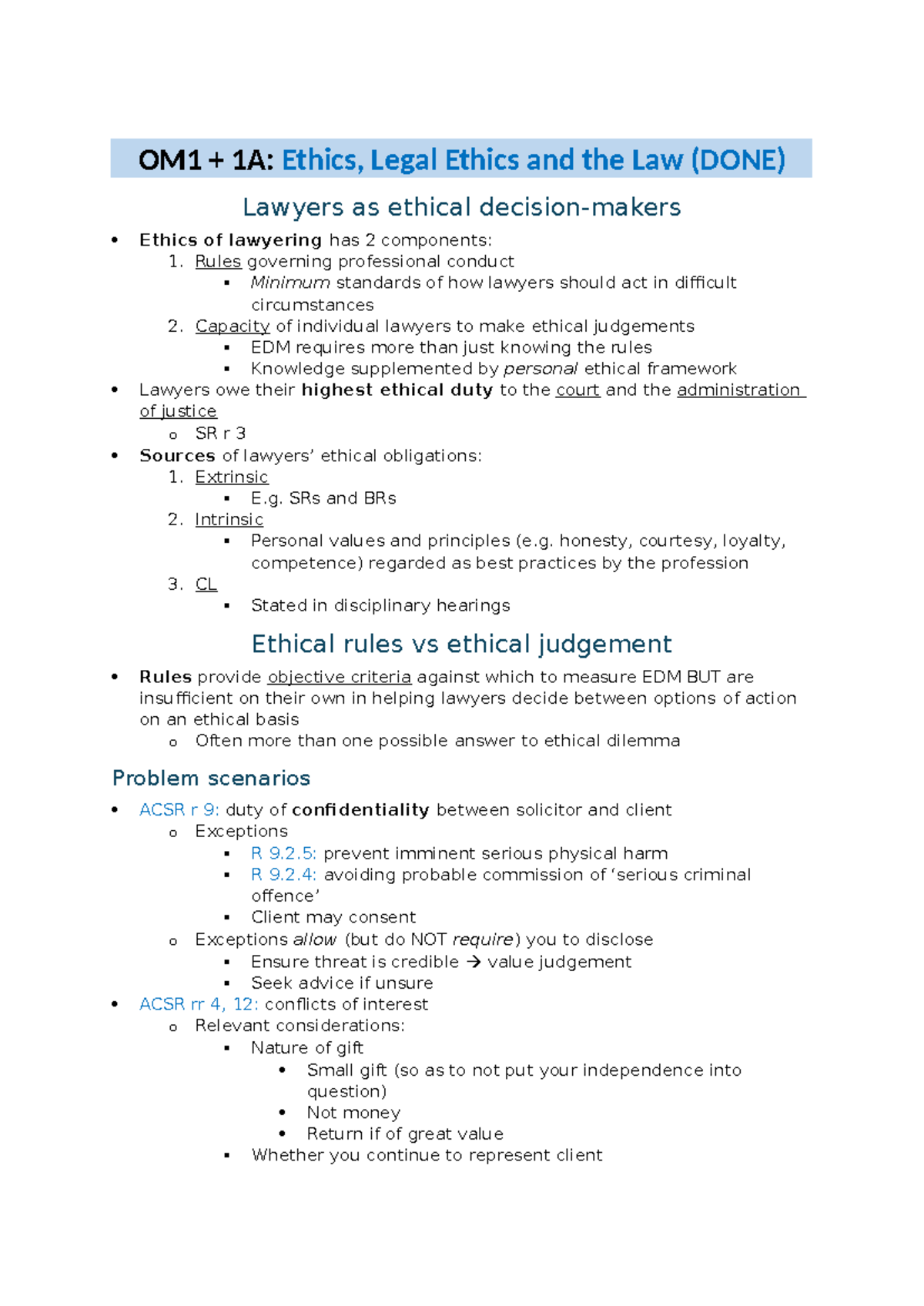 Class 1A + Module 1 Notes - OM1 + 1A: Ethics, Legal Ethics and the Law ...