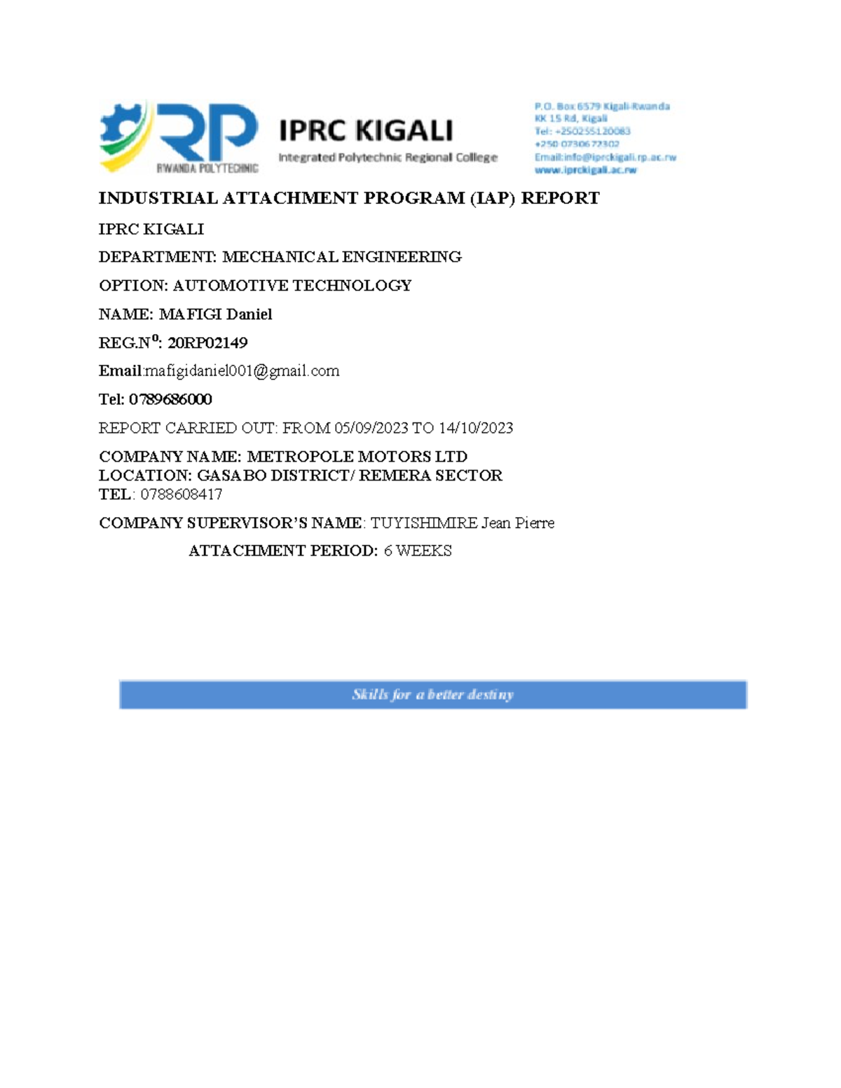 IPRC Kigali Industrial Attachment Report - Mechanical Engineering (20RP ...