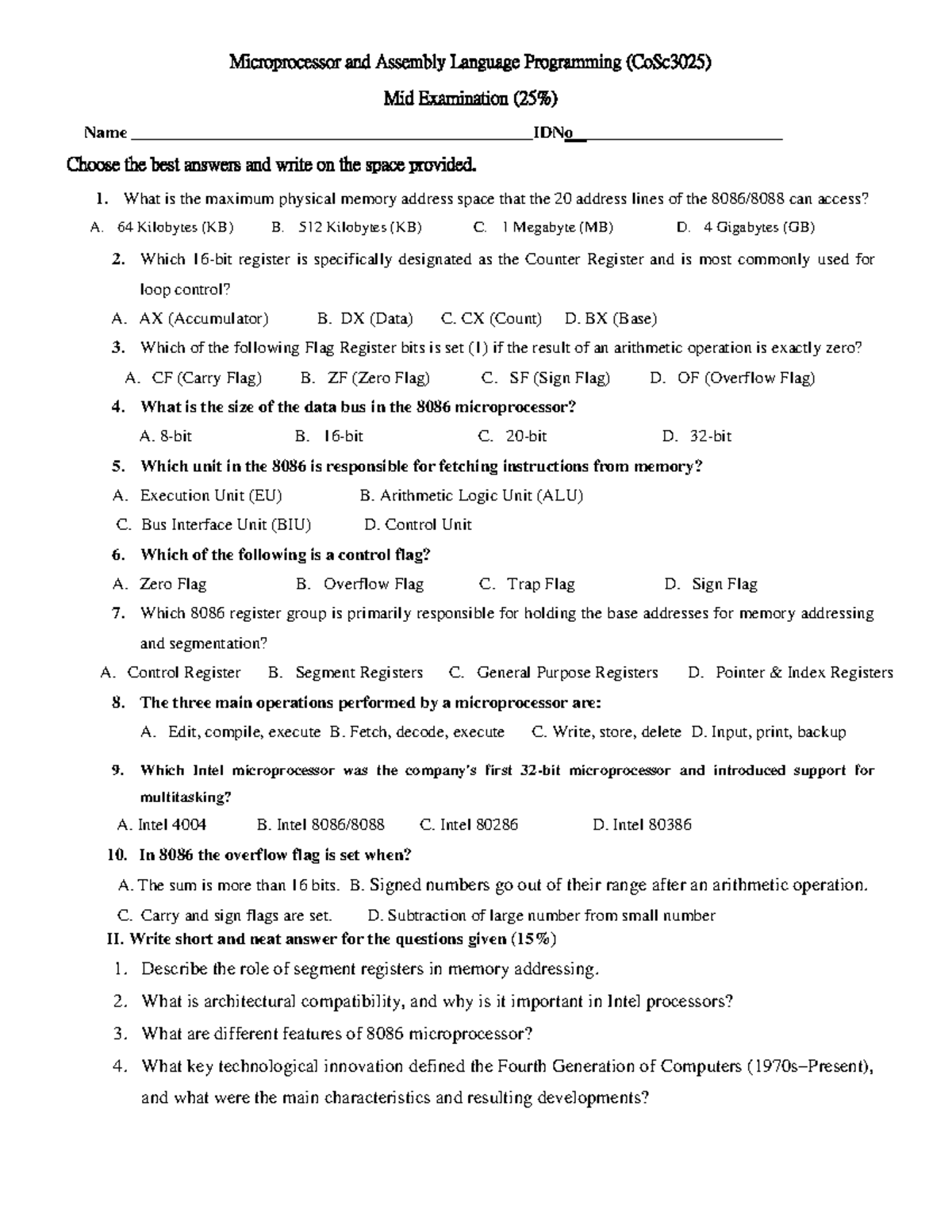 CoSc3025 Midterm Exam: Microprocessor & Assembly Language Questions ...