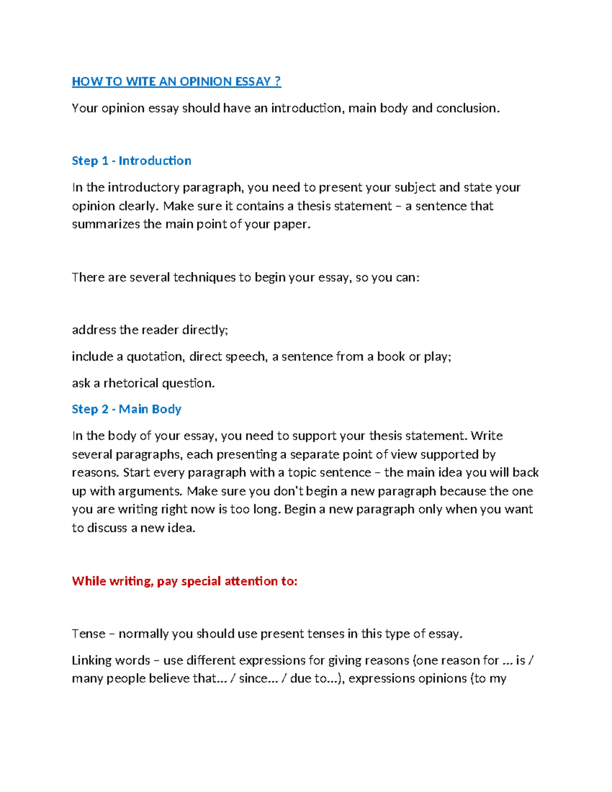 HOW TO WRITE AN Opinion Essay: Key Steps and Techniques - Studocu