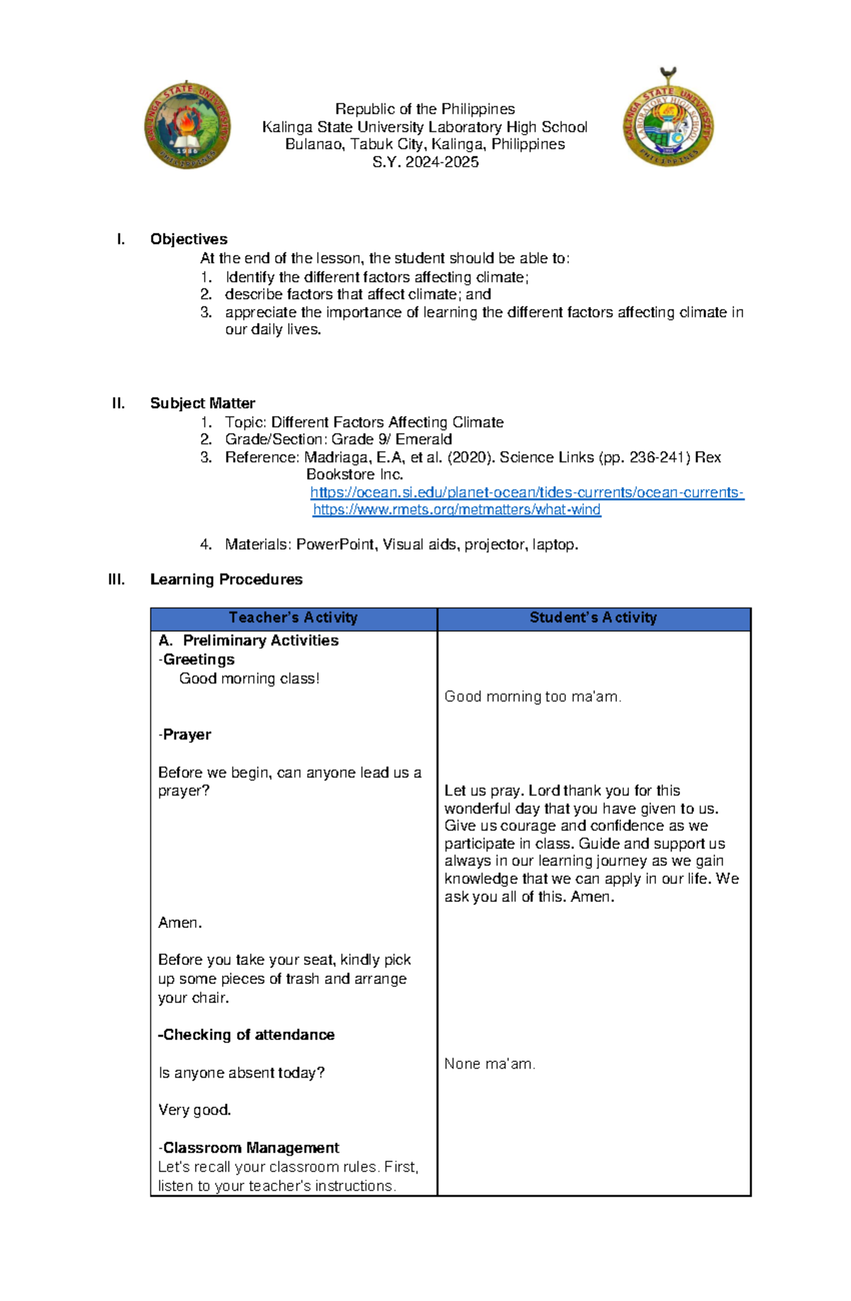 Final Exam DLP: Detailed Lesson Plan on Factors Affecting Climate - Studocu