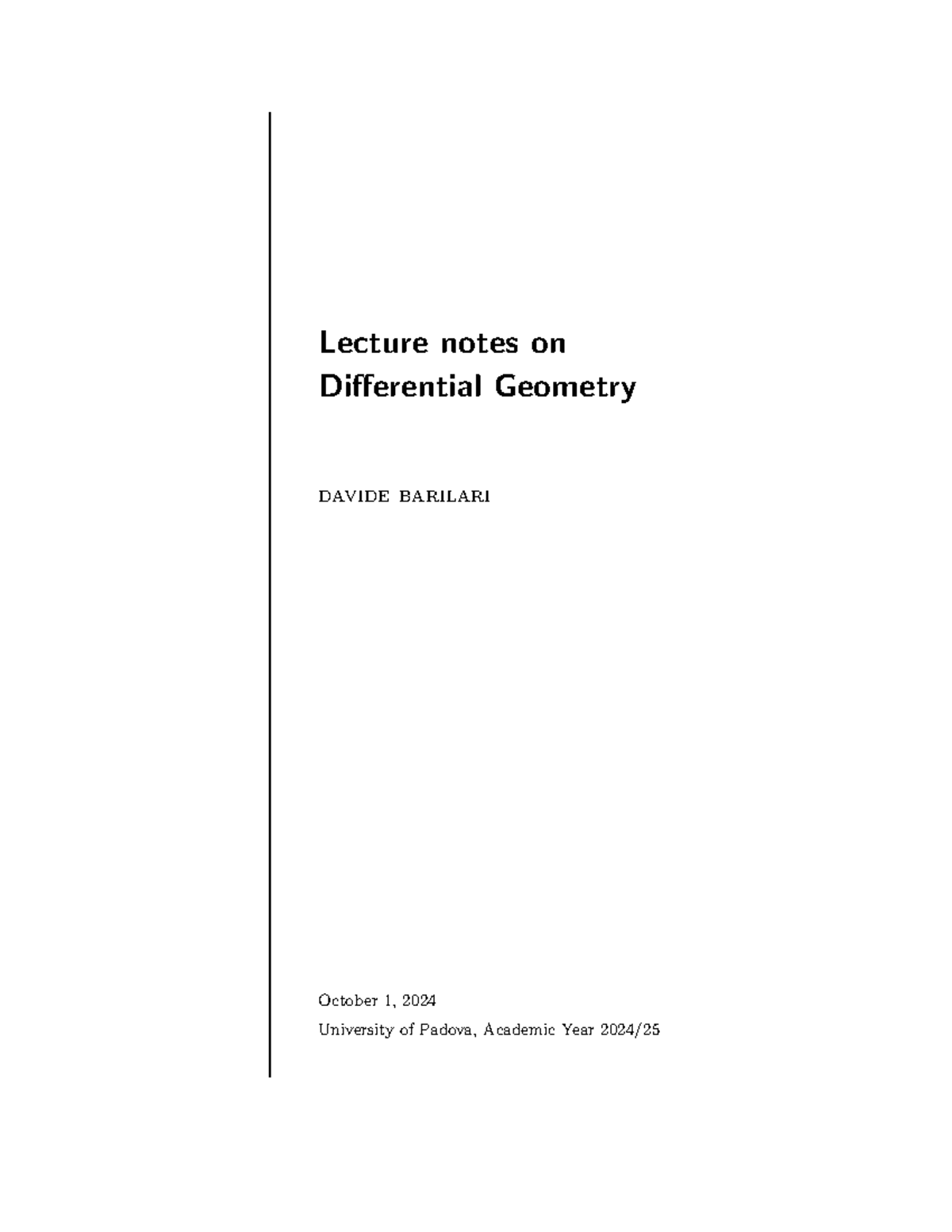 Lecture Notes on Differential Geometry (Course Code: 000-Geo Diff-2425 ...