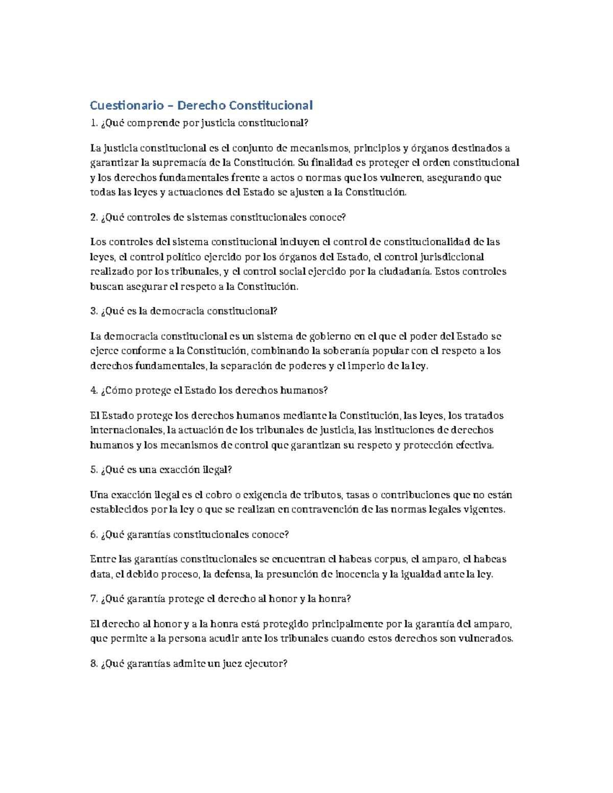 Cuestionario Derecho Constitucional 1 - Actividad 1 - Studocu