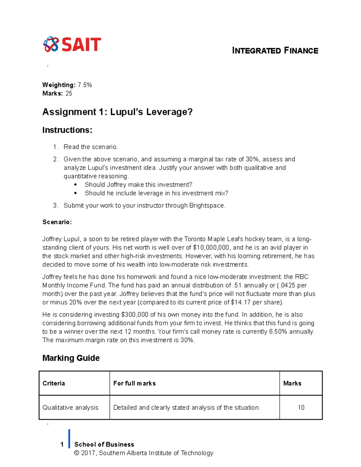 FIN 101 - Assignment 1: Analysis of Lupul's Leverage Investment - Studocu