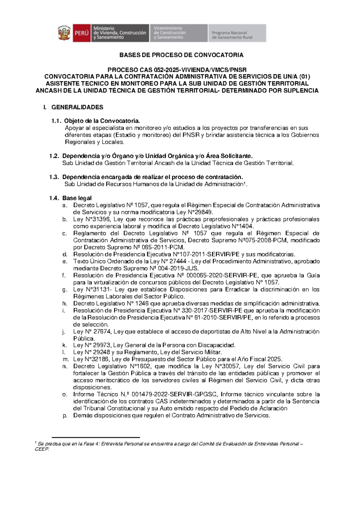 Bases de Convocatoria CAS para Asistente Técnico en Monitoreo - Studocu