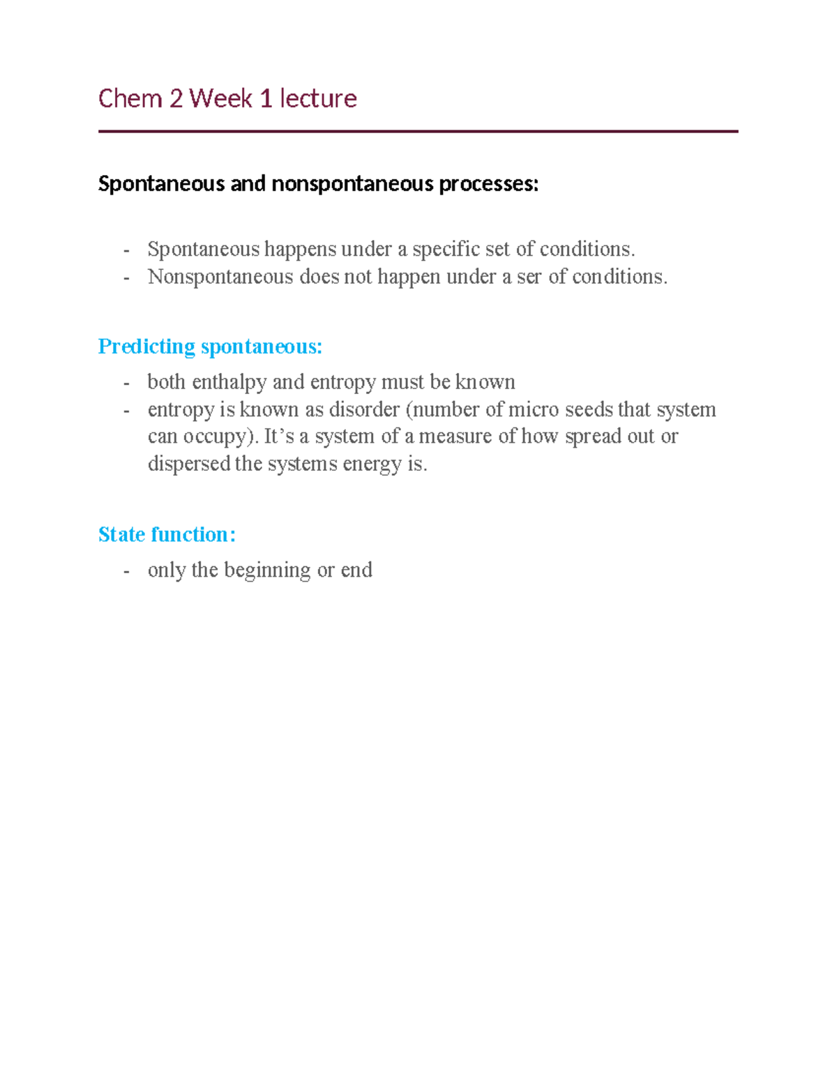 Chem 2 Week 1 Lecture: Spontaneous vs Nonspontaneous Processes - Studocu