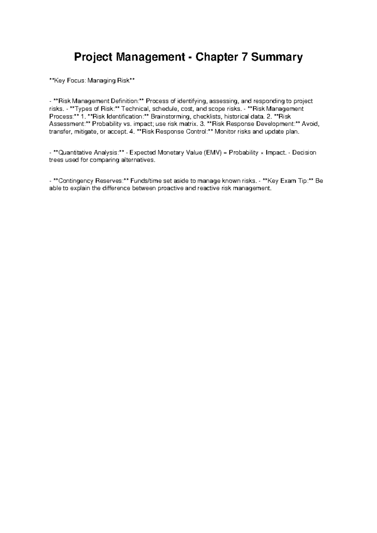 Project Management Chapter 7 Summary - Project Management - Chapter 7 ...