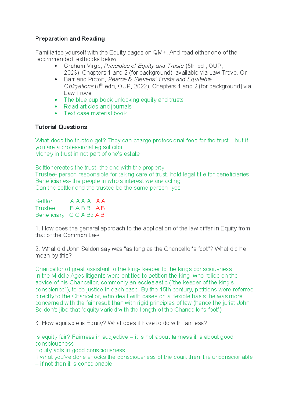 Equity and Trusts Tutorial 1: Essential Concepts and Key Questions ...
