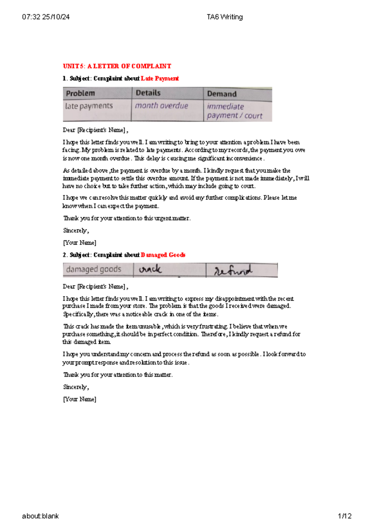 **TA6: Writing a Formal Complaint Letter for Various Issues** - Studocu