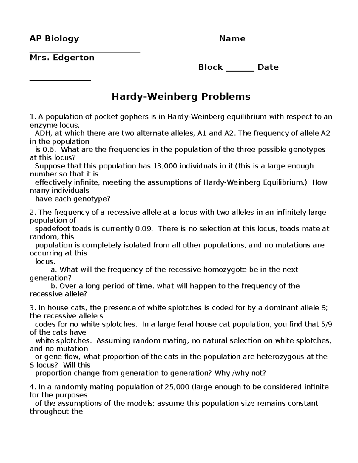 AP Biology: Hardy-Weinberg Equilibrium Problems and Solutions - Studocu