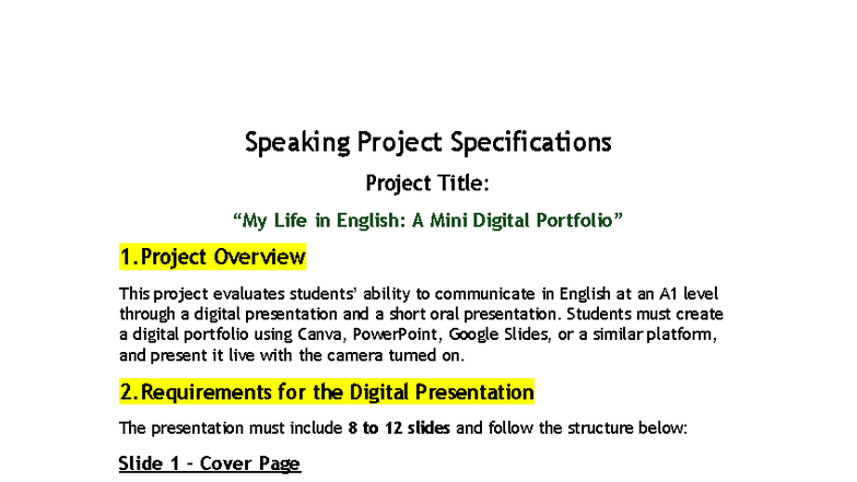 Speaking Project Specifications - Speaking Project Specifications ...