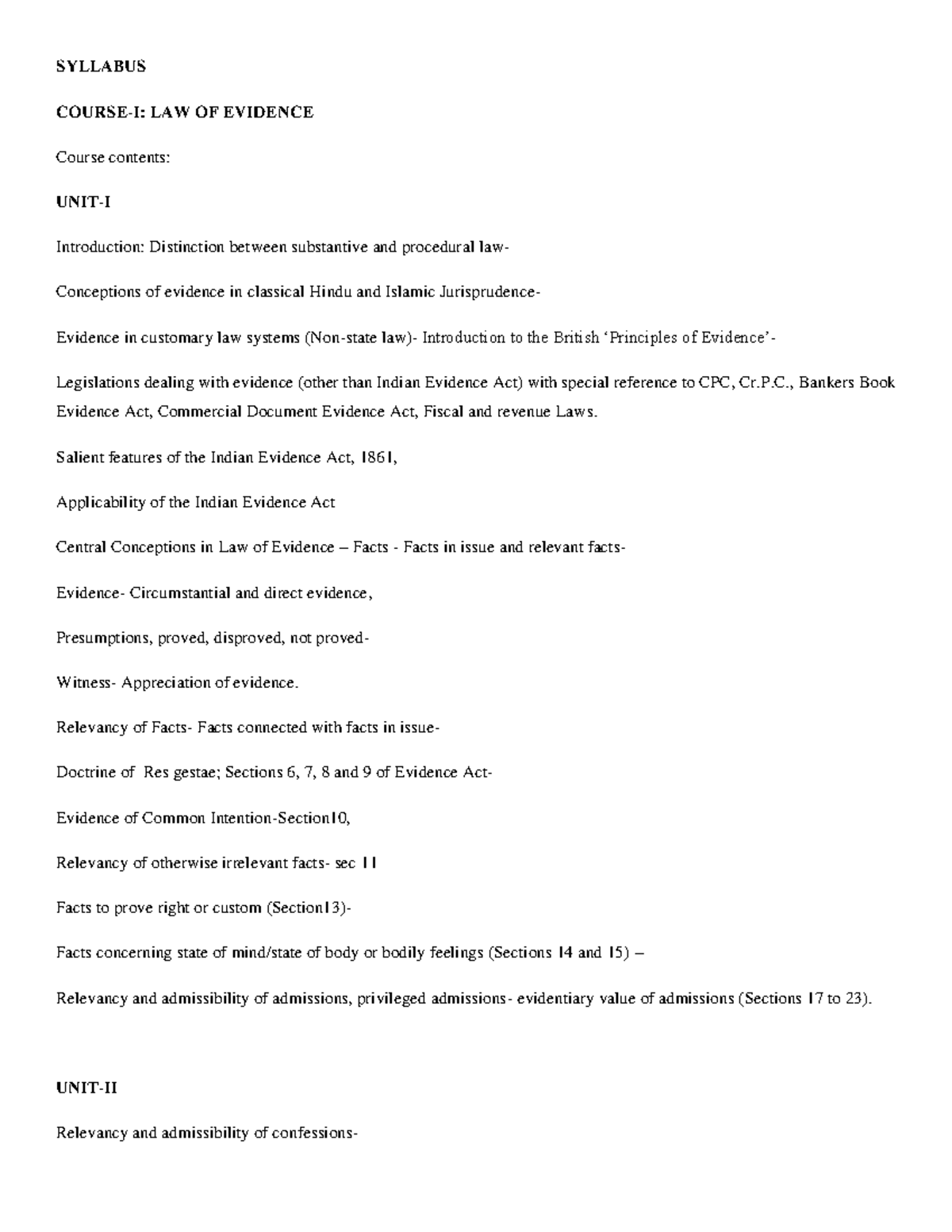 LAW 101: Comprehensive Syllabus for Law of Evidence Course - Studocu
