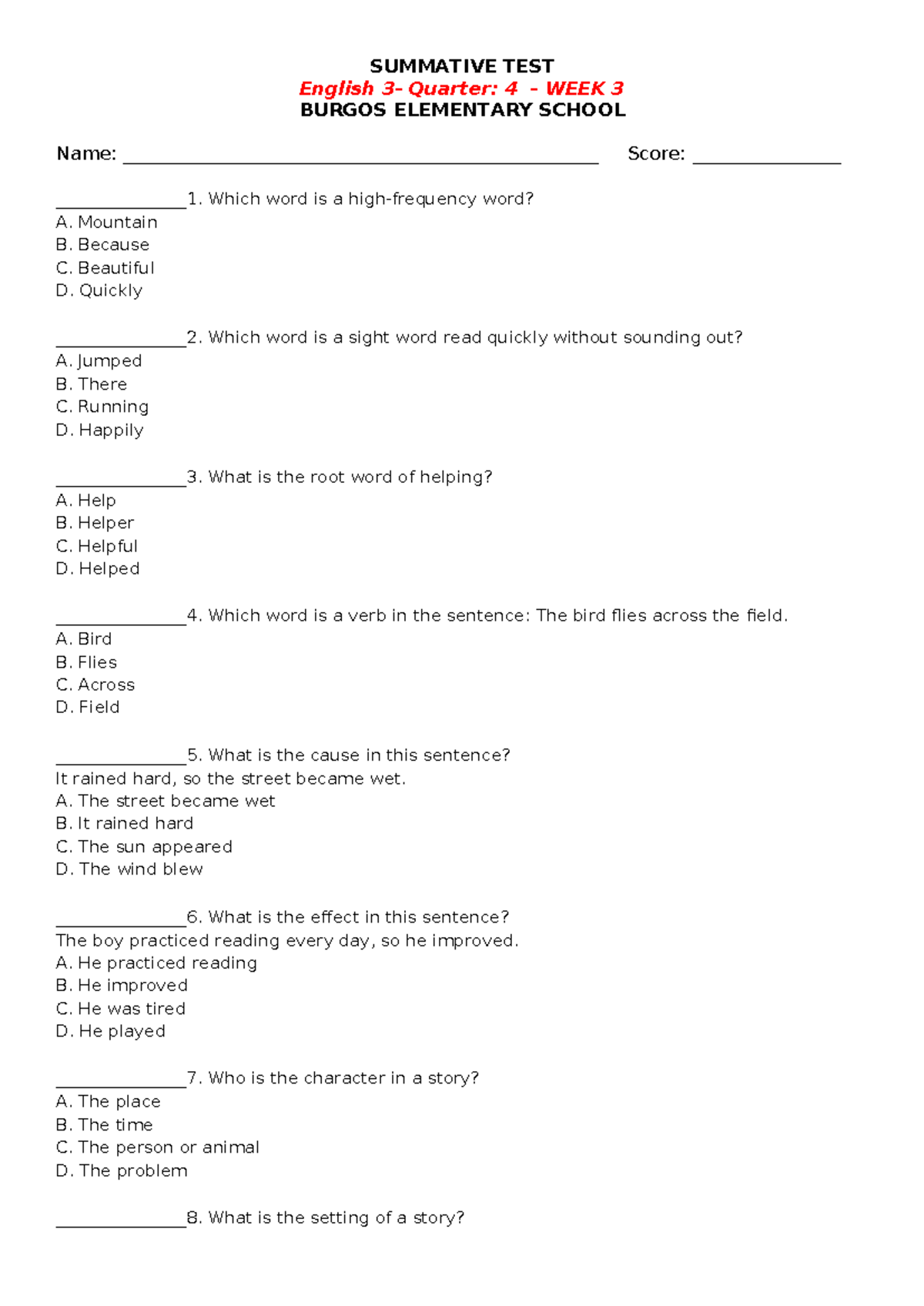SUMMATIVE TEST English 3 Quarter 4 Week 3 - Studocu