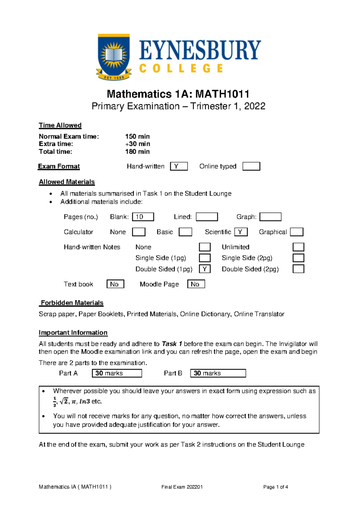 MATH1011: Mathematics 1A Final Exam Trimester 1, 2022 - Studocu