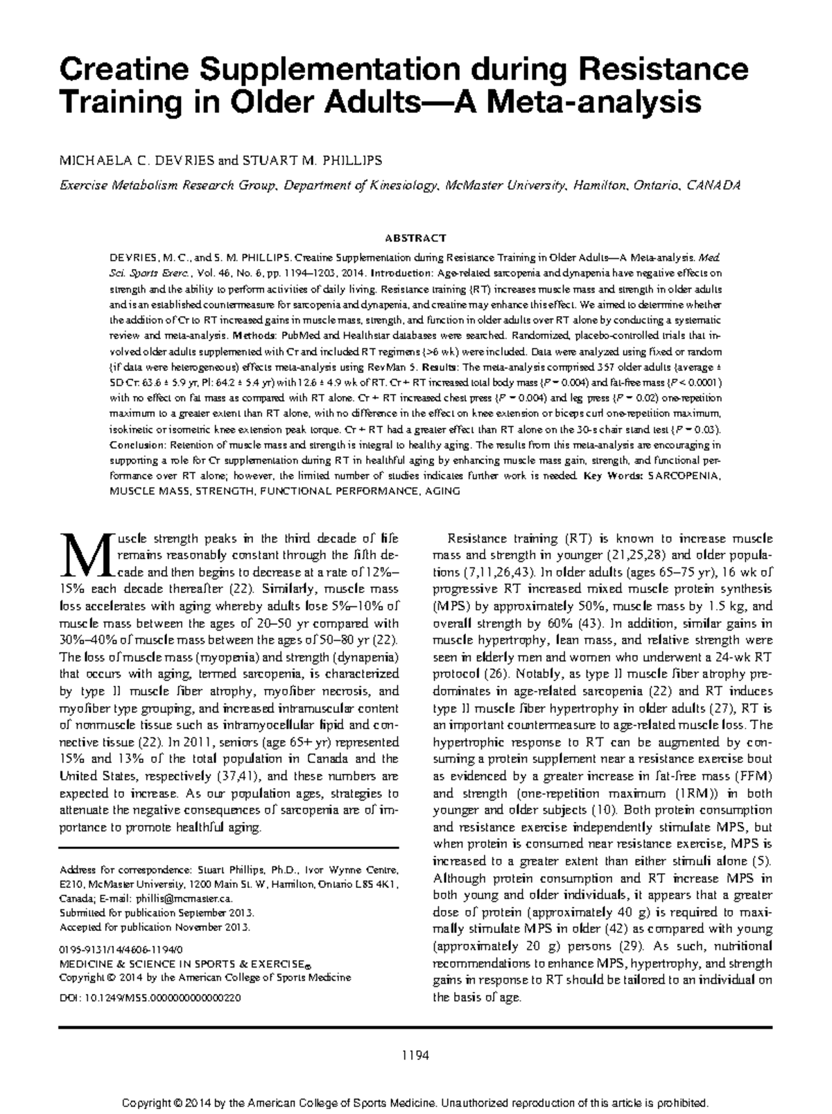 Creatine Supplementation and Resistance Training in Older Adults: A ...