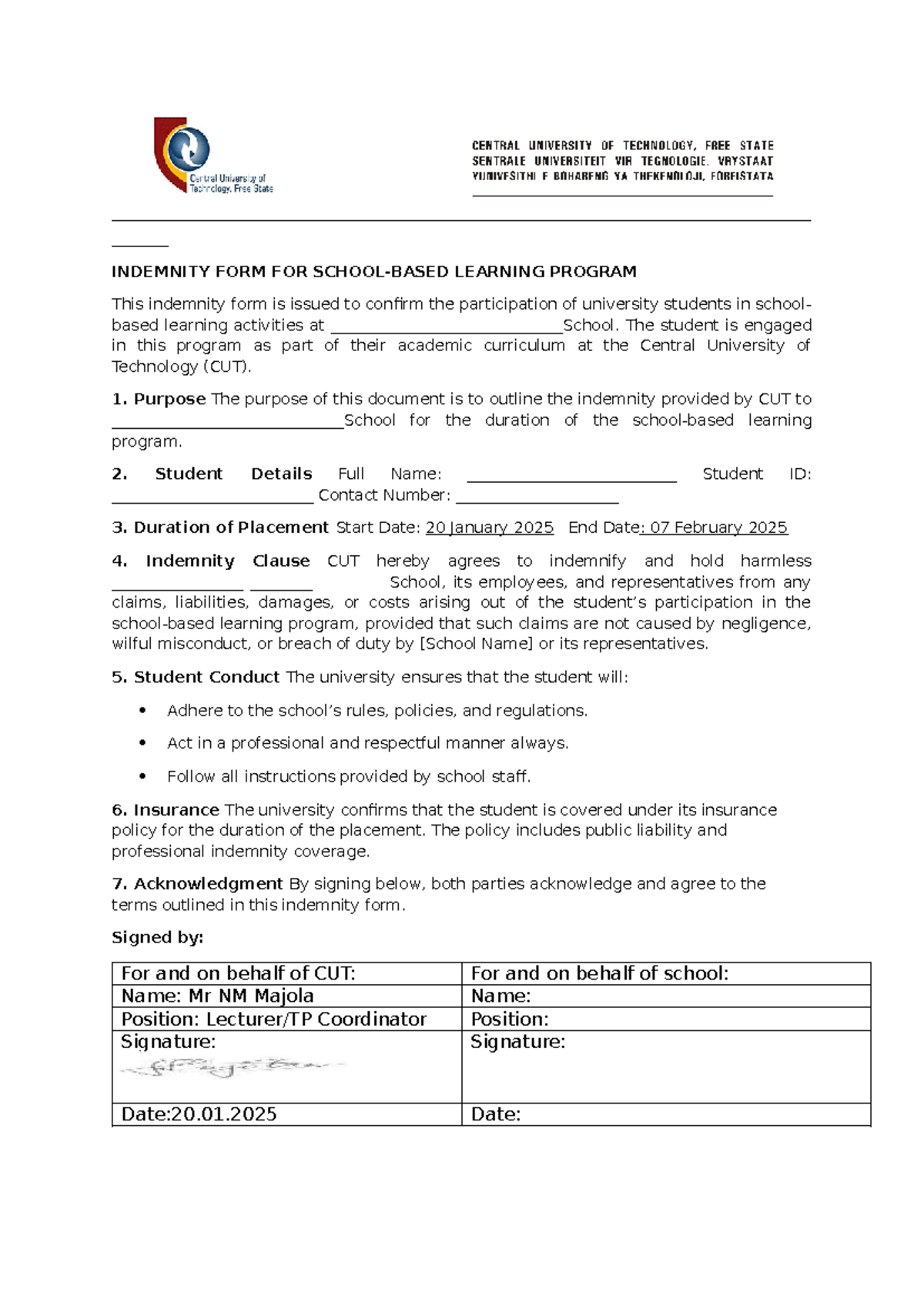 Indemnity Form for Learning Program - CUT TP Lecture - Studocu