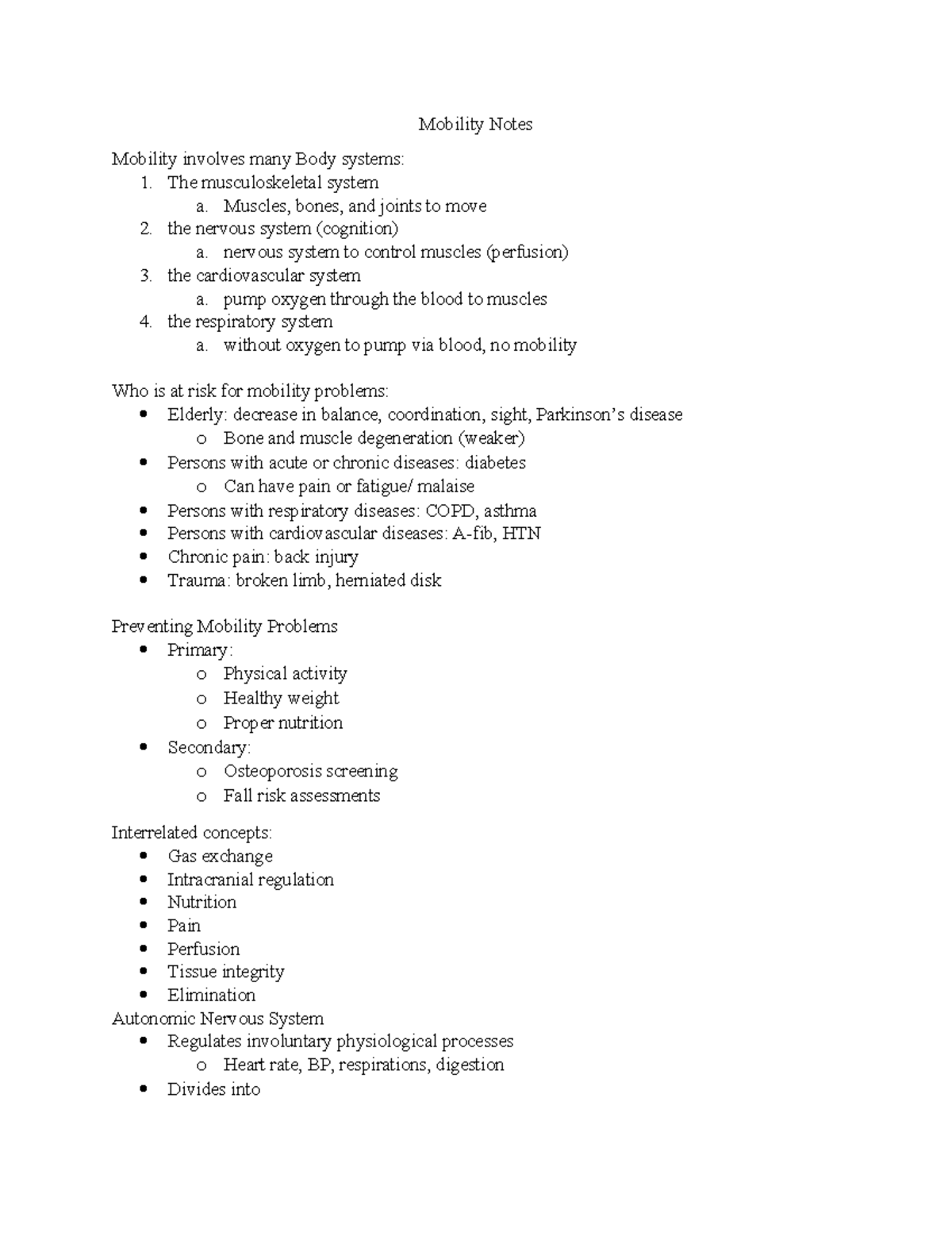 Mobility Notes: Body Systems, Risks, and Pharmacotherapy Insights - Studocu
