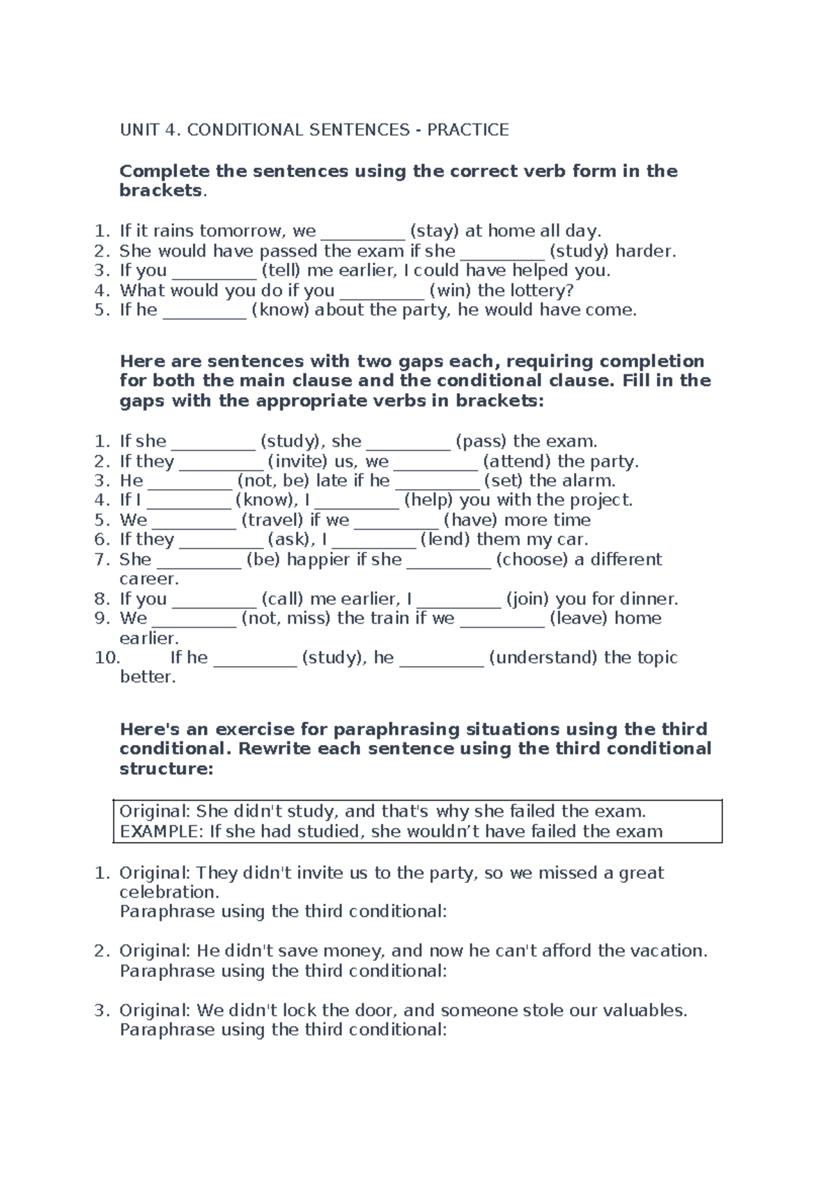 Conditional Sentences Practice & Paraphrasing Exercises - Studocu