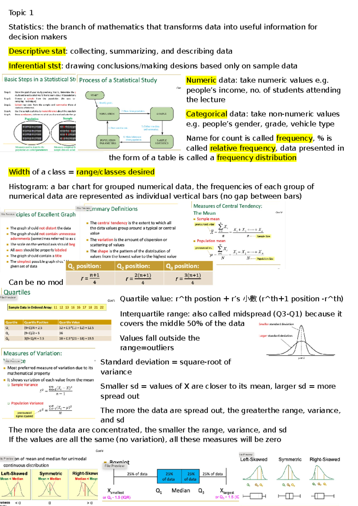 CB2200 Stat - Summaries of Topics 1 to 4 for Final Exam Preparation ...