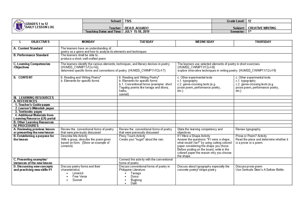DLL CW 7: Daily Lesson Log for Creative Writing in Poetry - Studocu