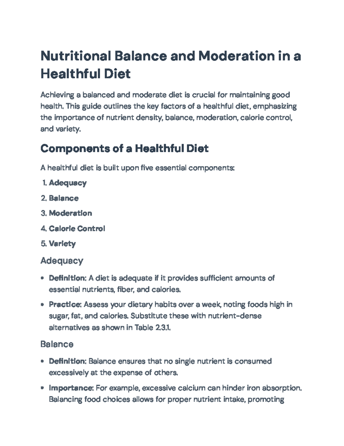 Nutritional Balance & Moderation in a Healthful Diet Guide - Studocu