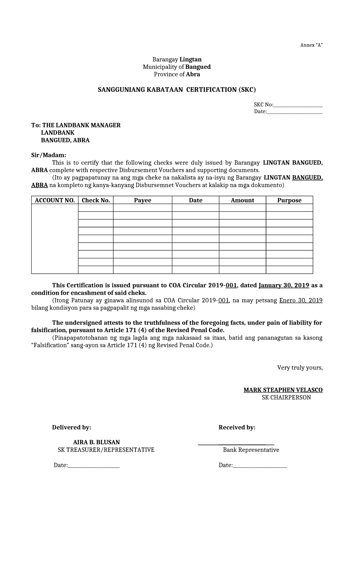 SKC Certification for Barangay Lingtan, Bangued, Abra - Studocu