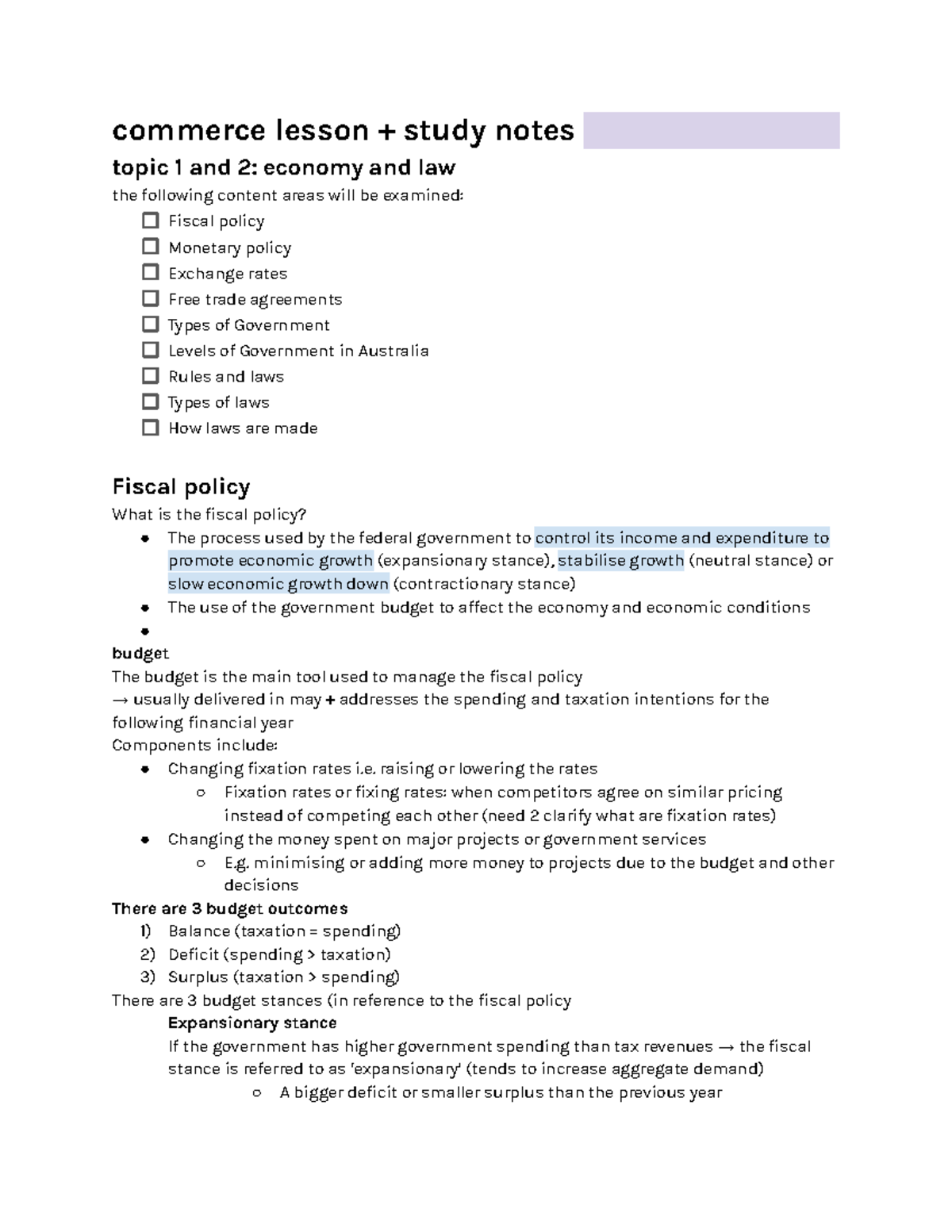 Commerce Lesson Study Notes: Economy & Law (Topics 1 & 2) - Studocu