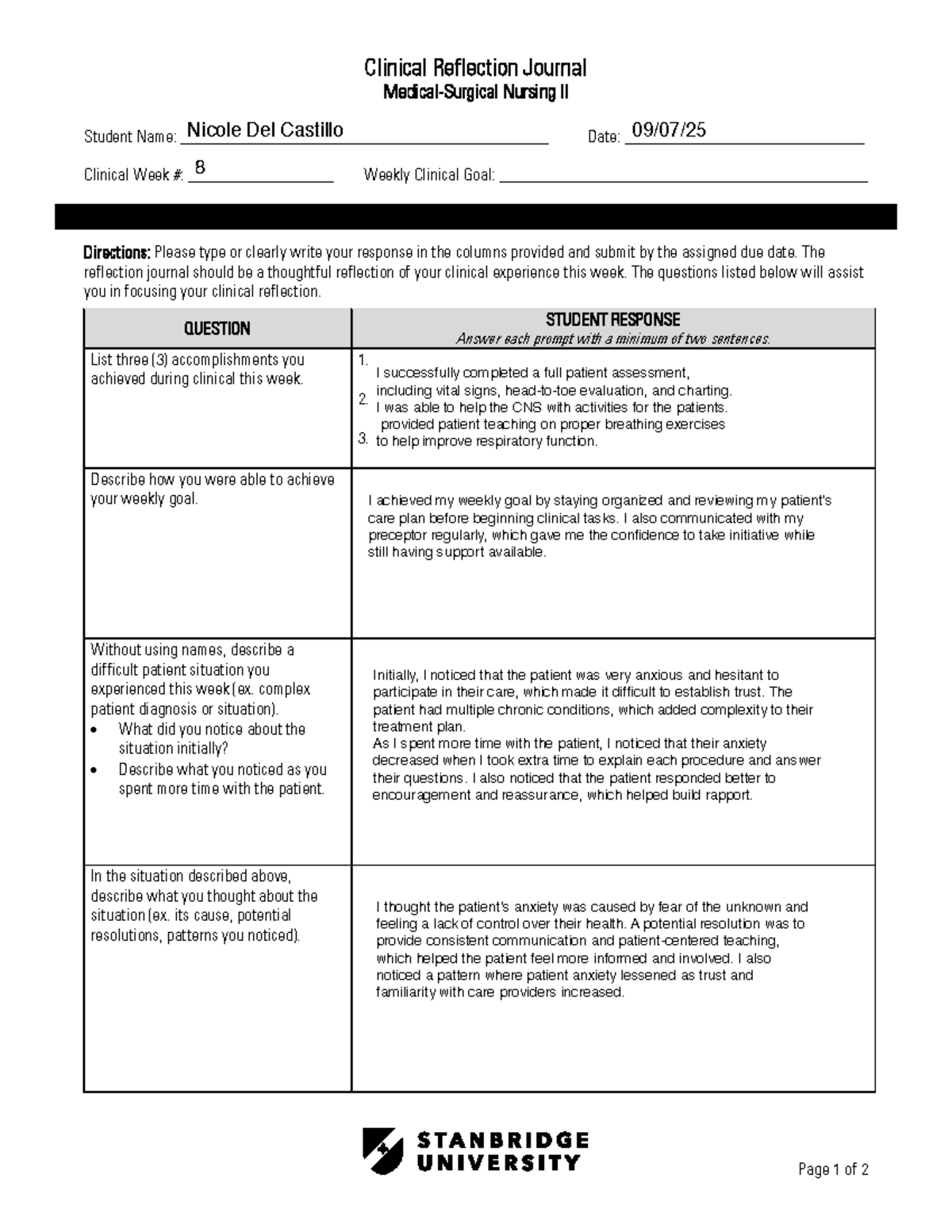 NUR II Clinical Reflection Journal - Week 8 Insights - Studocu