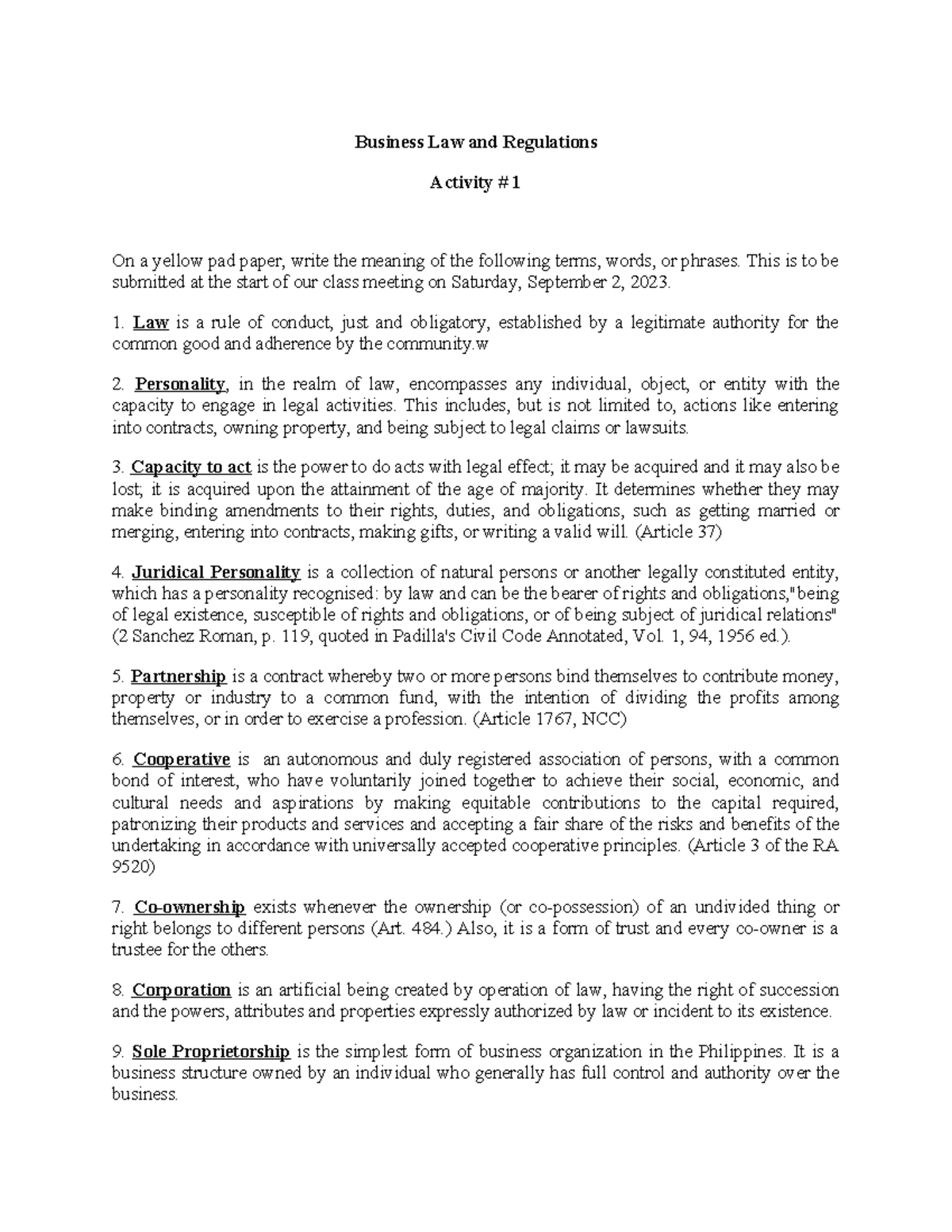 Bus Law Activity 1: Definitions of Key Legal Terms and Concepts - Studocu