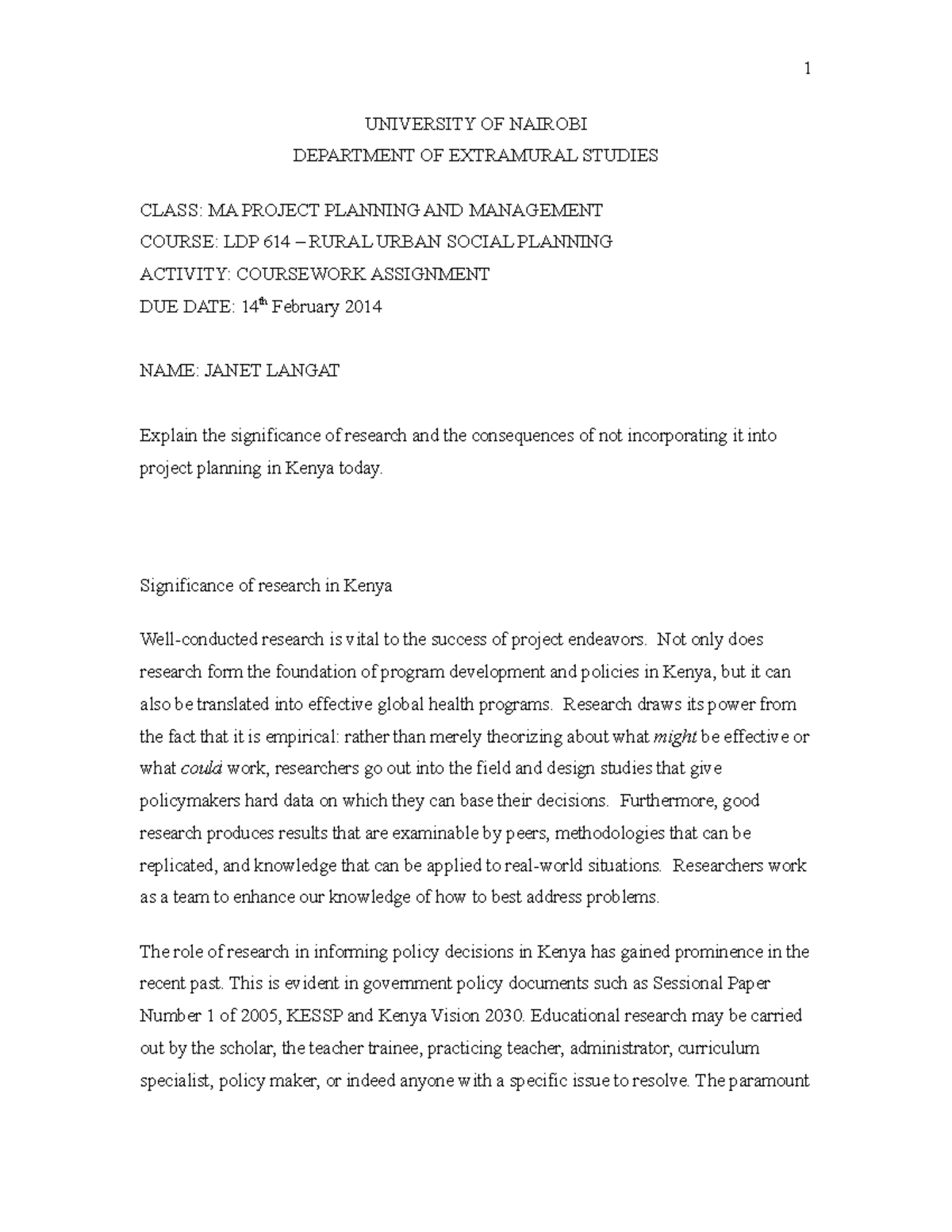 Significance of Research in Kenya: Implications for Project Planning ...