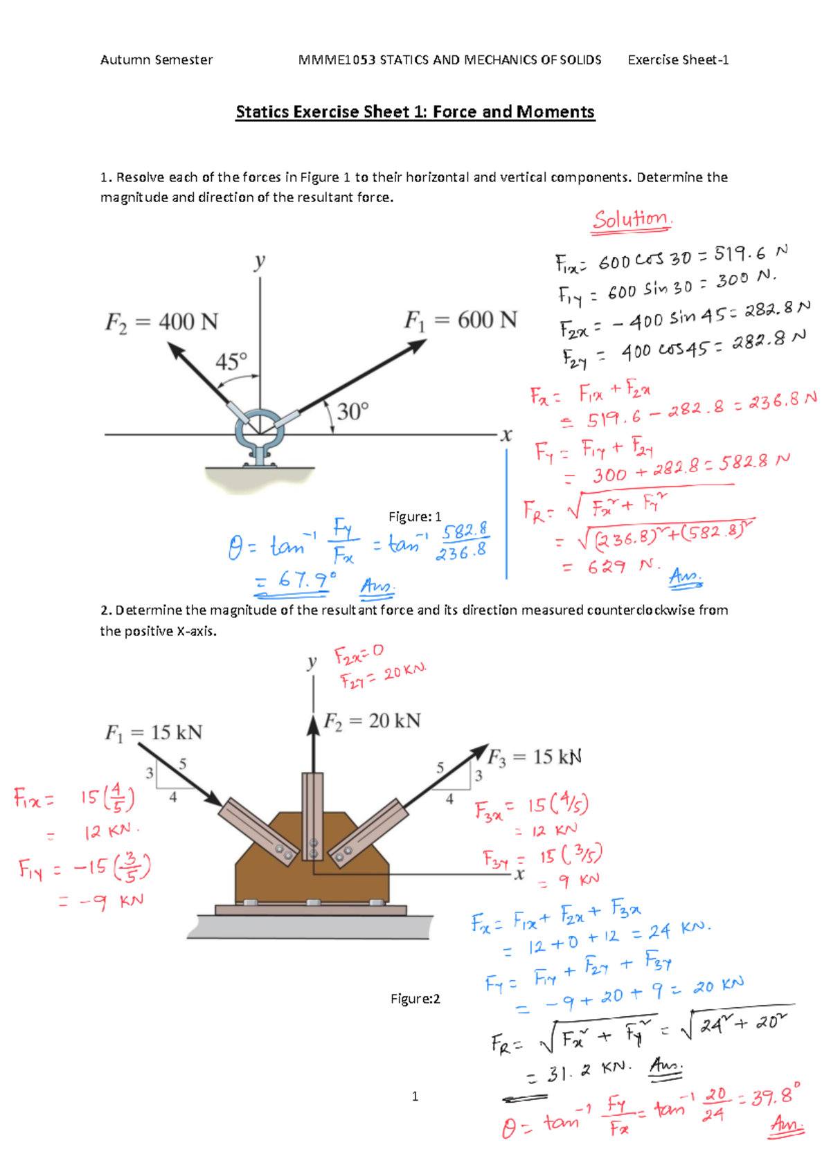 Solution Exercise 1 Force and Moments AI - Autumn Semester MMME10 53 ...