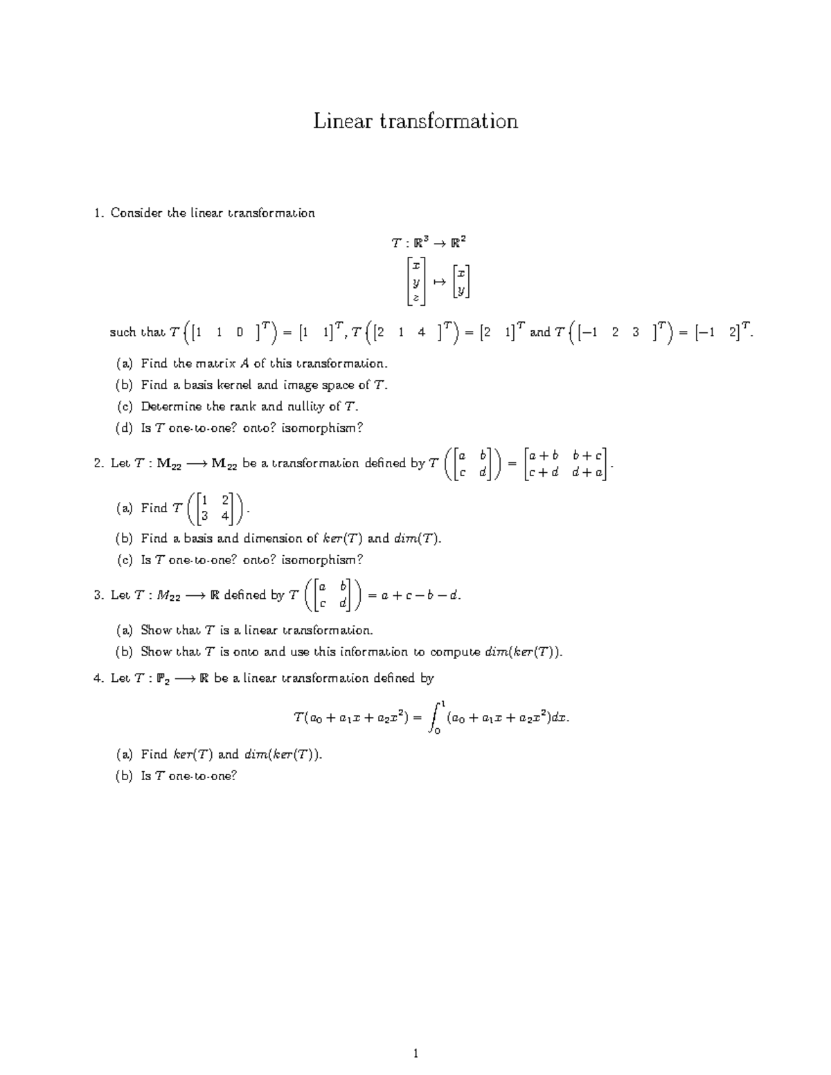 Linear Transformation Exercises - MATH 101 Notes - Studocu