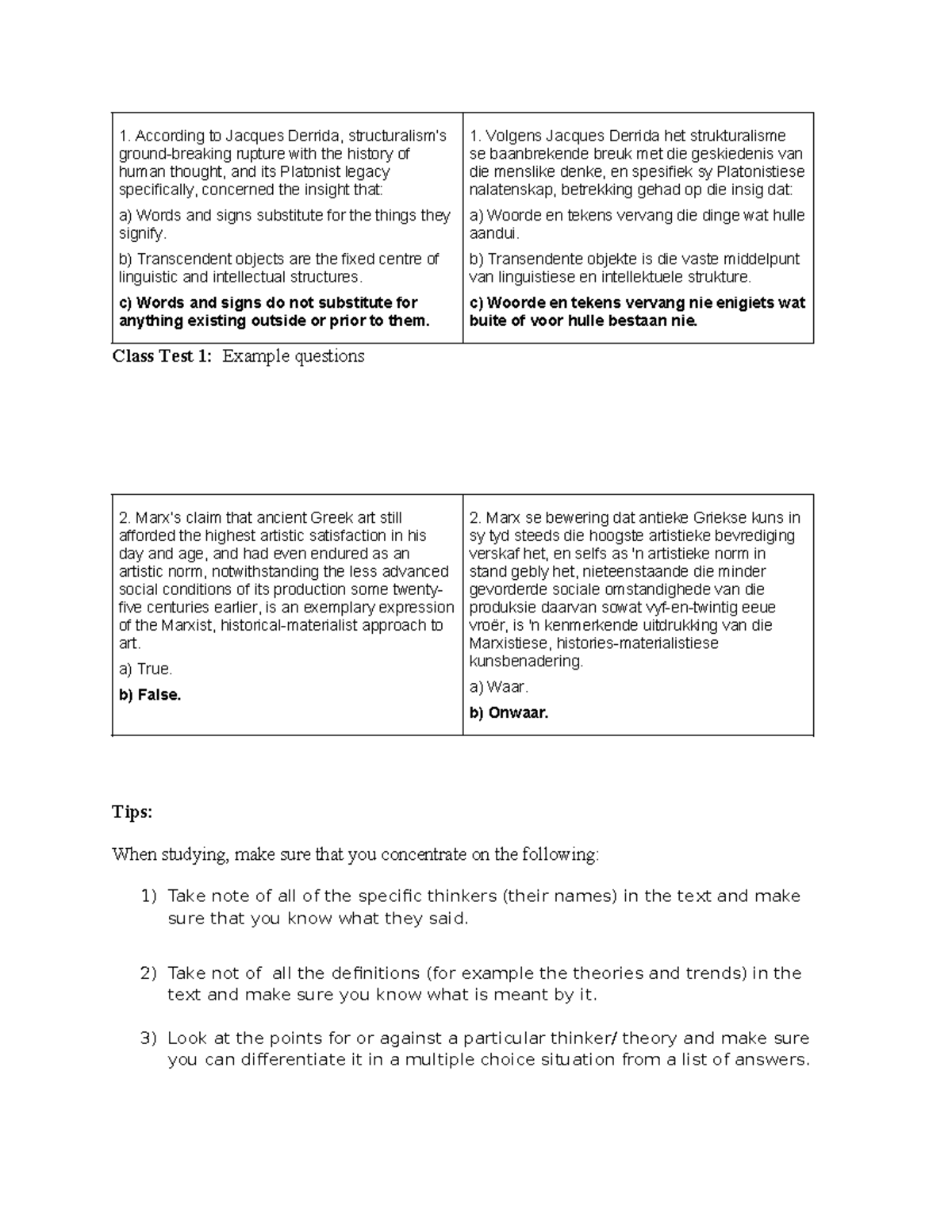Class Test 1: Example Questions on Curriculum Development ...