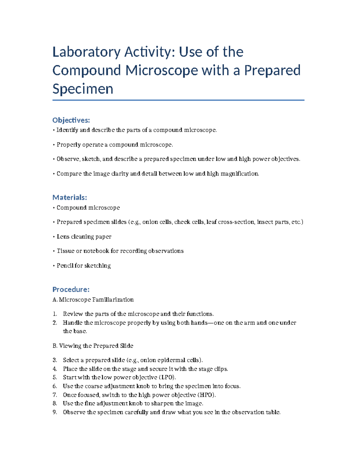 Microscope Lab Activity: Exploring Prepared Specimens and Functions ...