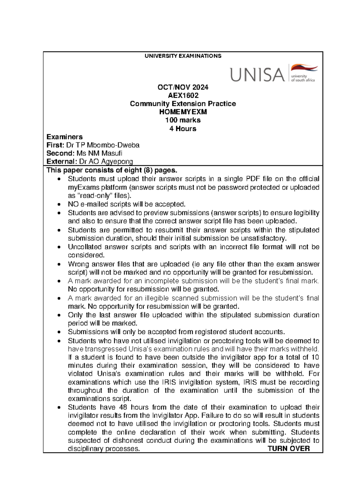 AEX1602 Community Extension Practice Final Exam Guidelines 2024 - Studocu