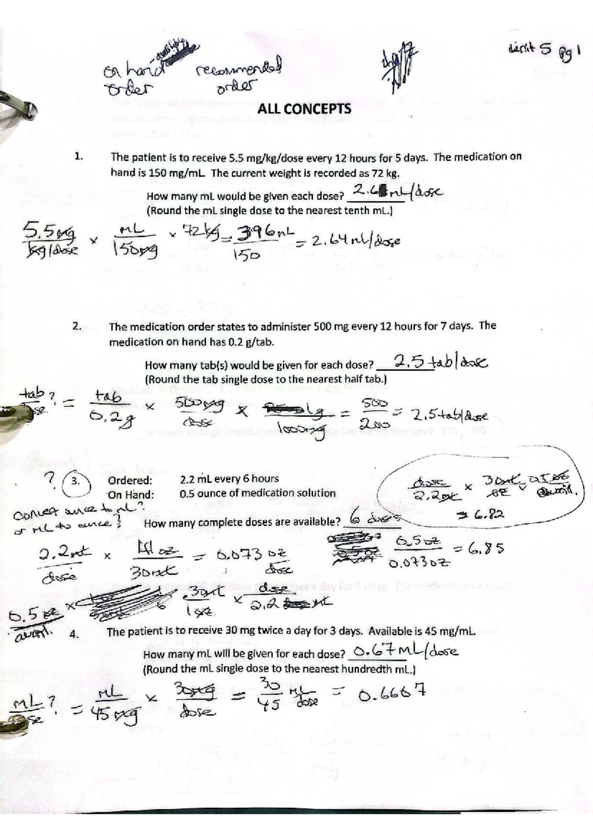 Unit 5 Dosage Calculation Practice Questions - ALL Concepts - Studocu
