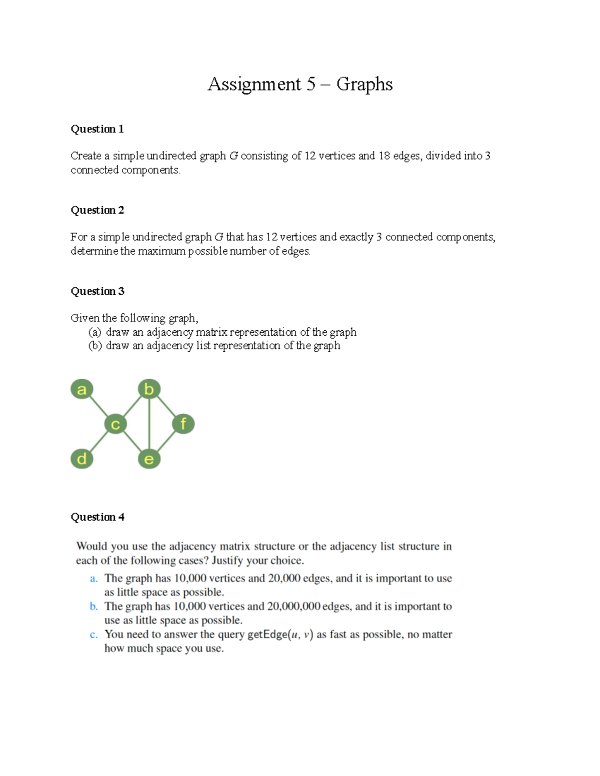 Asg5 W26 - Graph Theory Assignment on Undirected Graphs and Methods ...