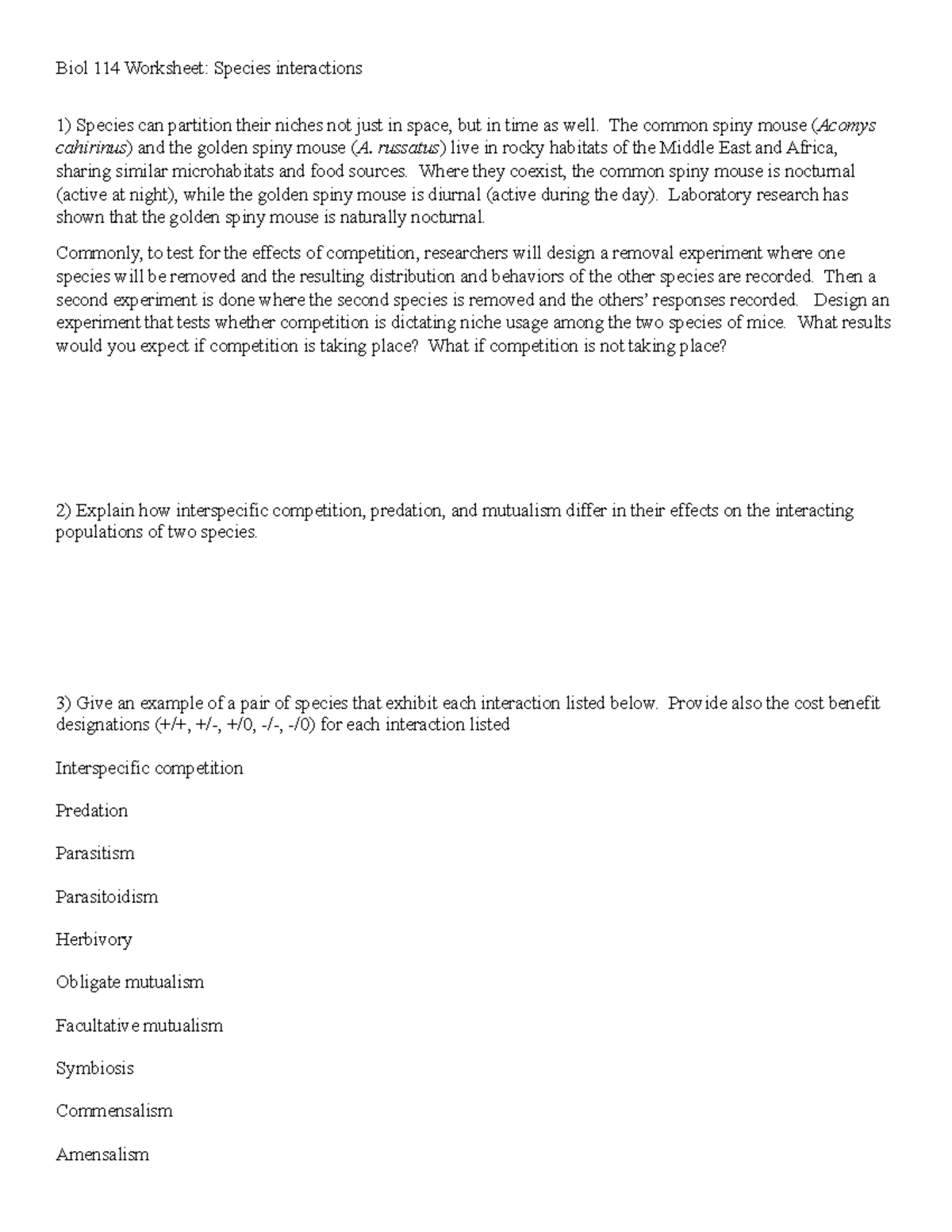 Biol 114 Worksheet - Analyzing Species Interactions and Dynamics - Studocu