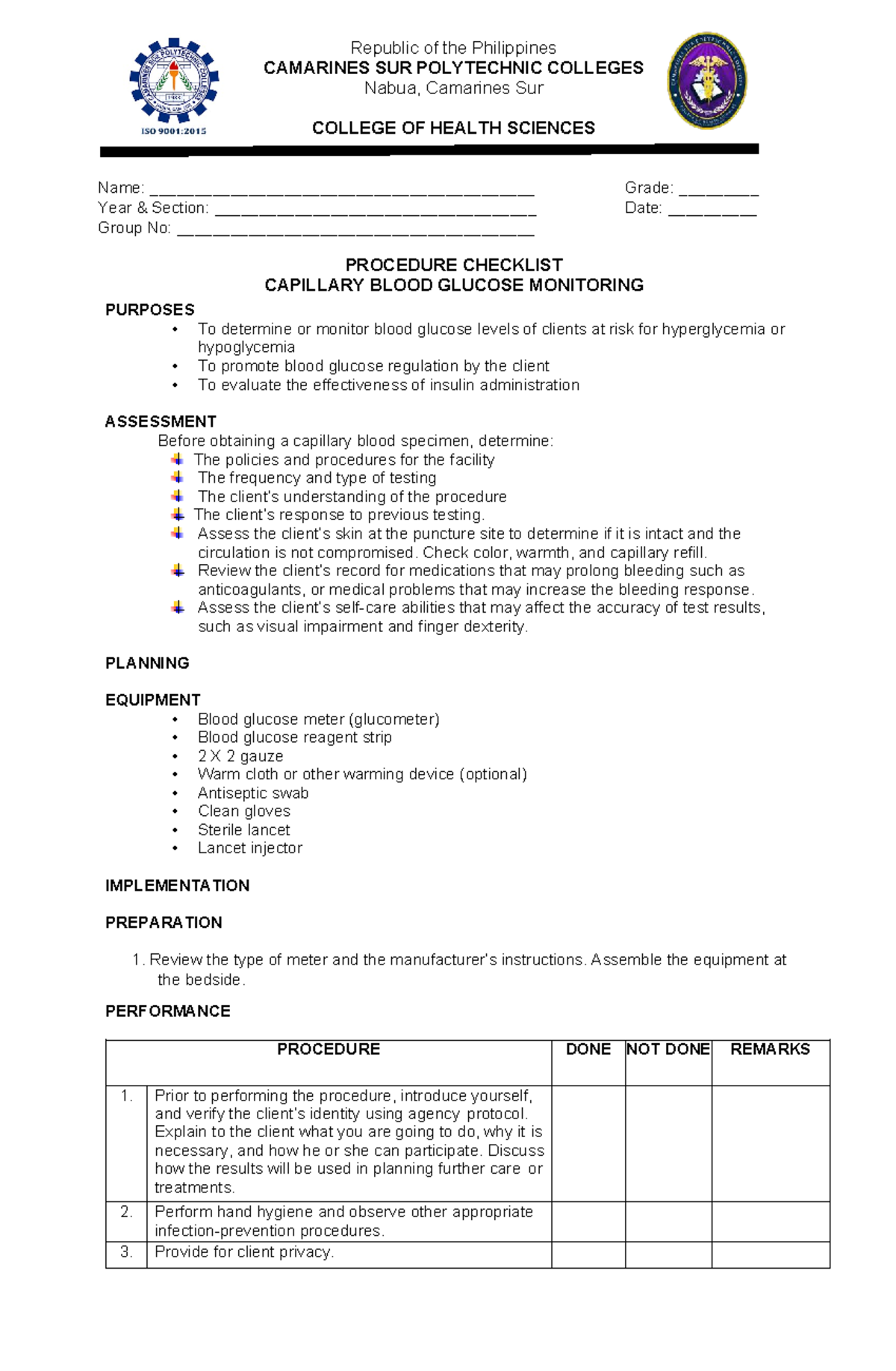 CBG Monitoring Procedure Checklist - NURSING - Studocu