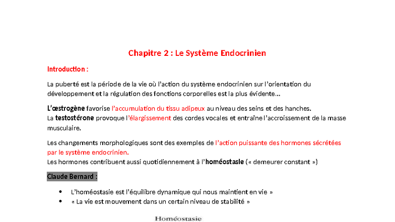 Chapitre 2 : Le Système Endocrinien - Cours de Physiologie - Studocu