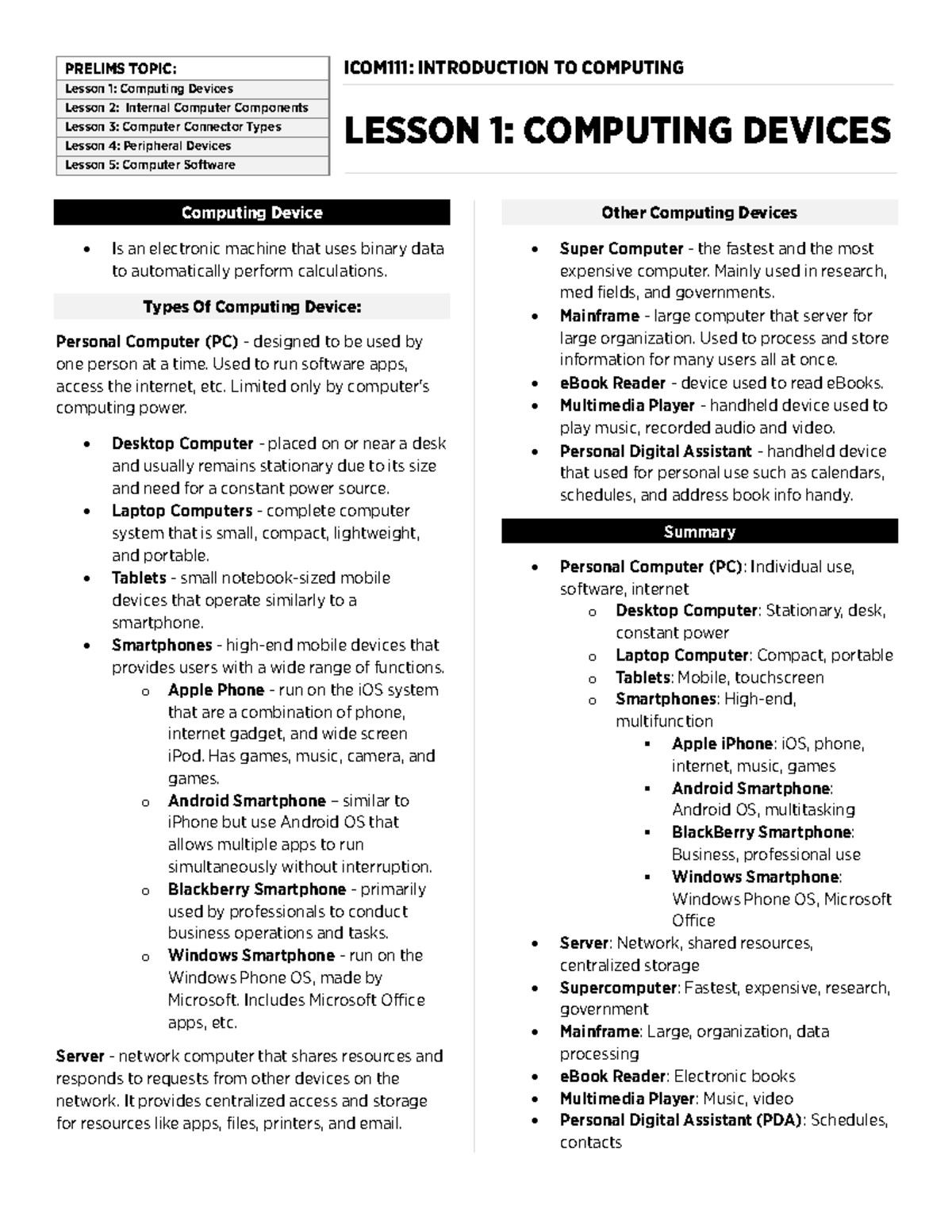 ICOM111: Introduction to Computing - Prelim Reviewer Notes - Studocu