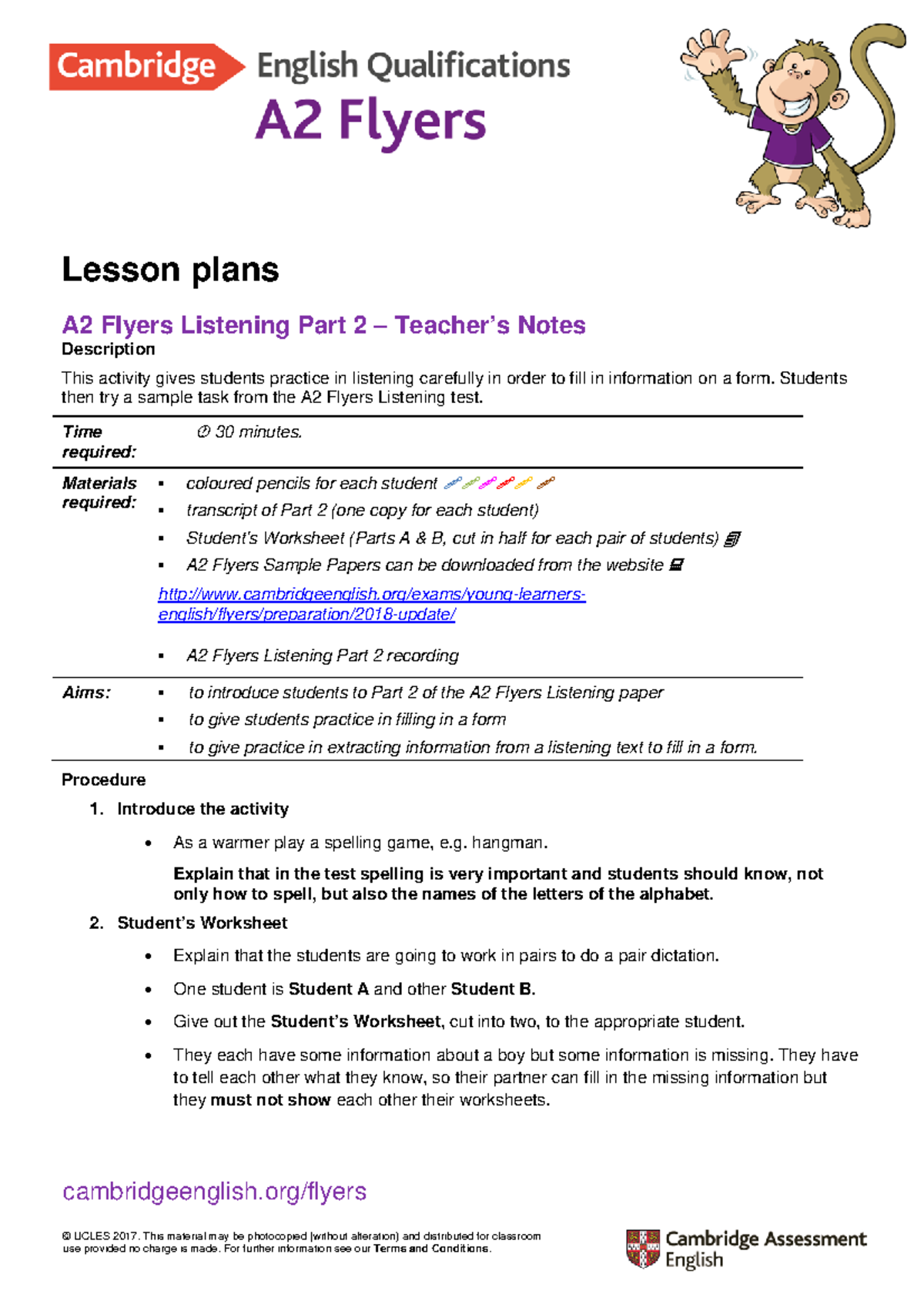A2 Flyers Listening Part 2: Teacher's Guide & Activities - Studocu