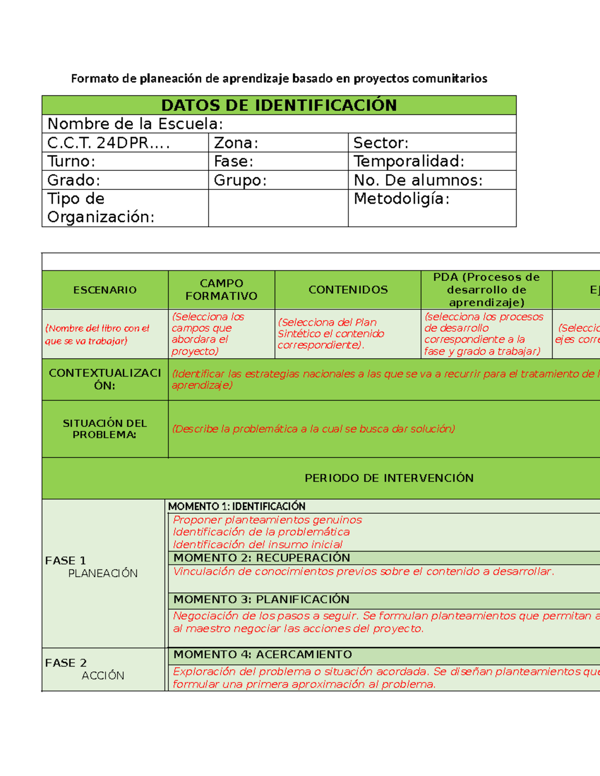Formato metodologia proyectos comunitarios - Formato de planeación de ...