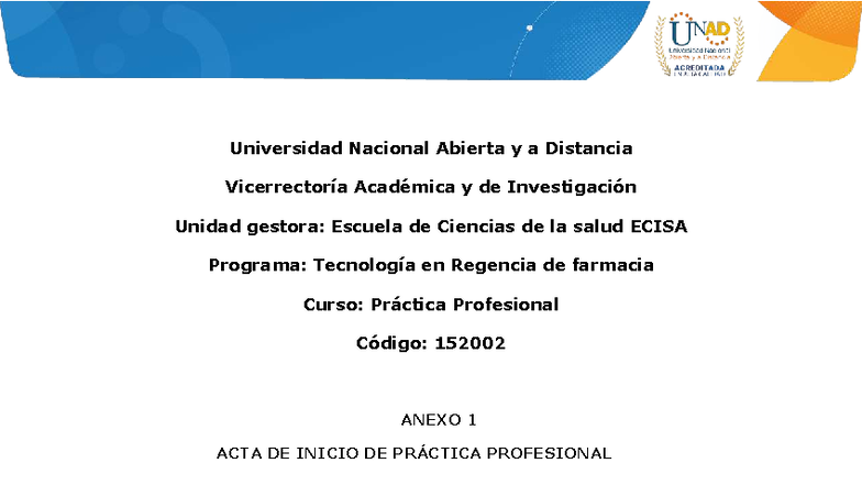 Acta de Inicio de Práctica Profesional - 152002 ECISA - Studocu