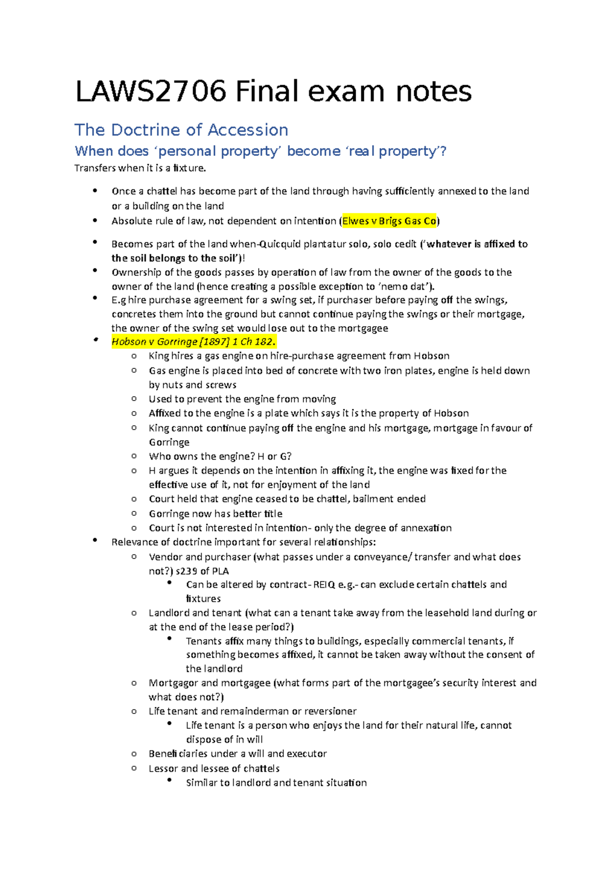 LAWS2706 Final Exam Study Notes on Property Law Accession - Studocu