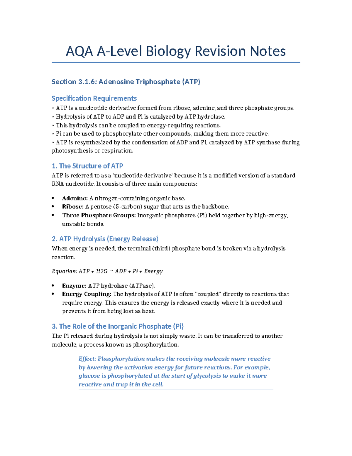 AQA A Level Biology Revision Notes: ATP Structure & Function - Studocu