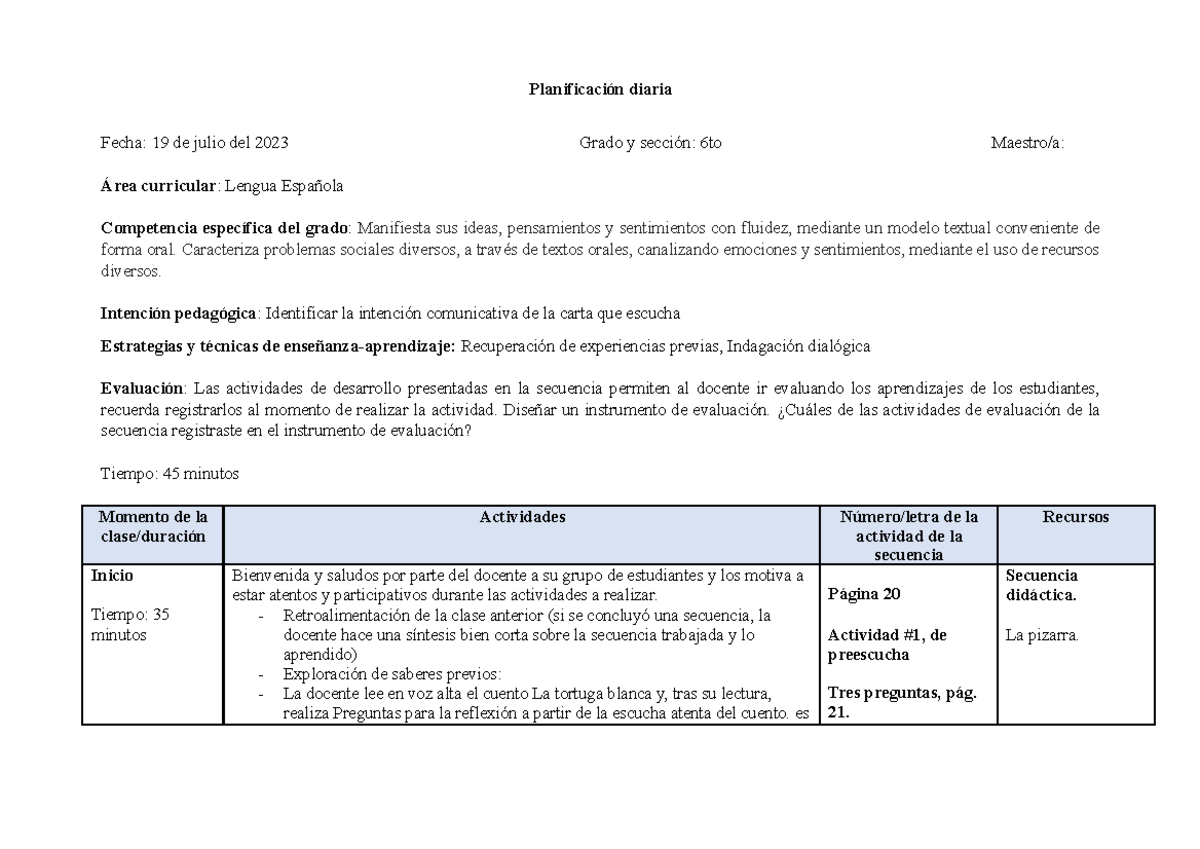 Ejemplo Planificación Secuencia 6to - Planificación diaria Fecha: 19 de