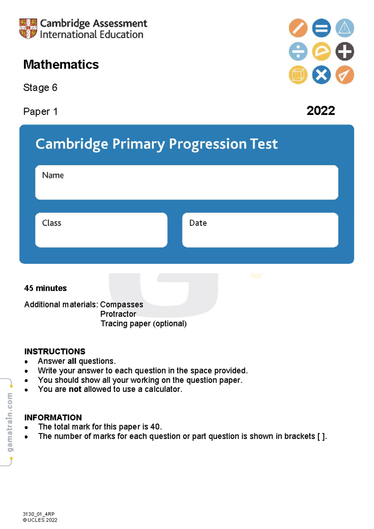 P6 - CPT - MA0096 - 202201 - Mathematics Stage 6 Paper 1 Exam - Studocu
